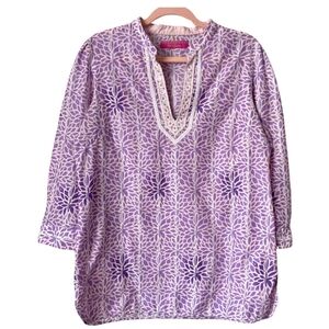 Robert Graham Top Womens Large Purple Pink Sequins V-Neck 3/4 Sleeves Tunic